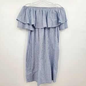 Umgee Blue White Striped Off Shoulder Ruffle Mini Casual Dress
